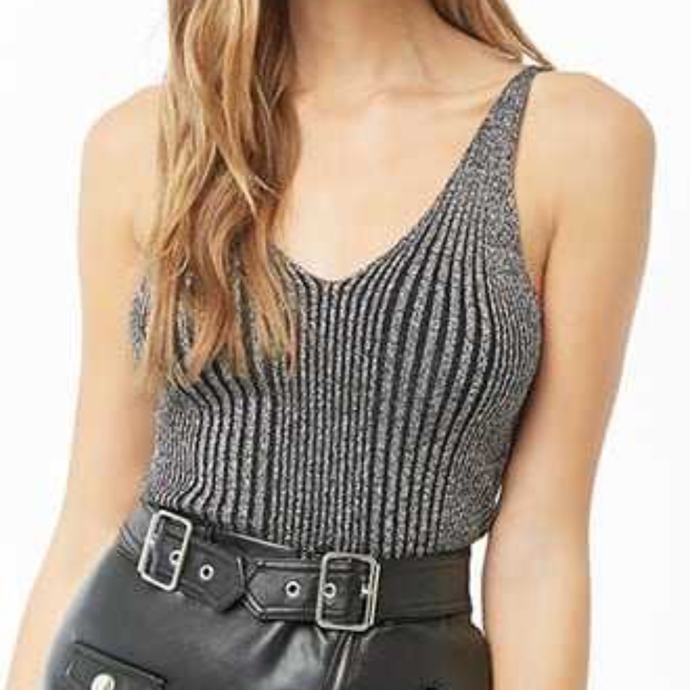 Forever 21 Shiny Black Metallic Knit Tank Crop Top